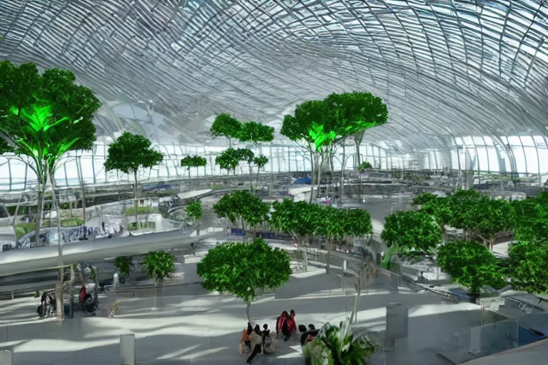 Prompt: Big futuristic airport terminal interior in the Philippines with green plants