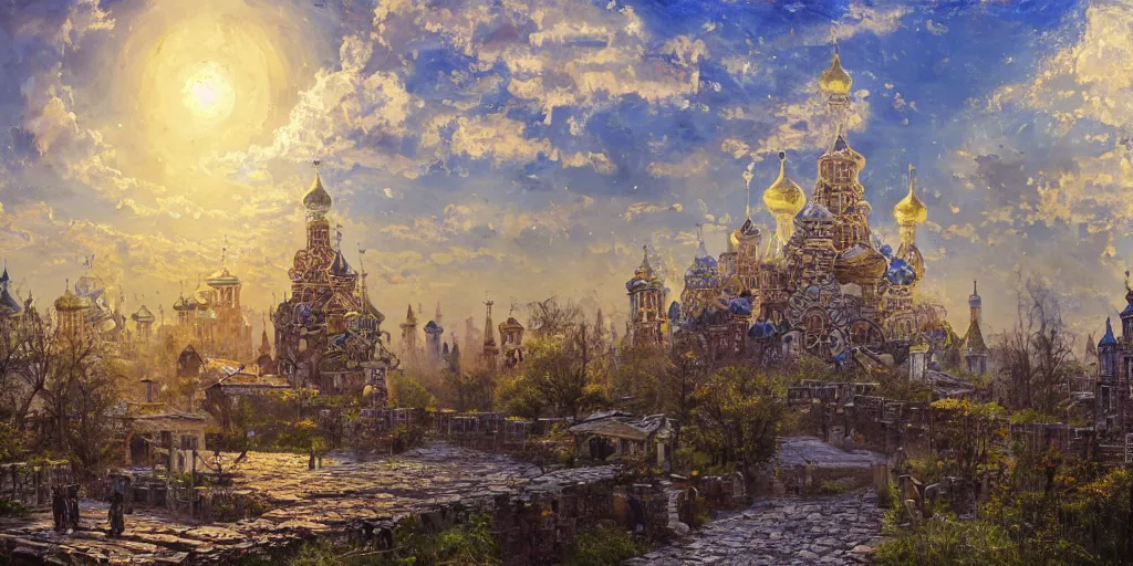 Image similar to beautiful magical ancient Slavic city of Kitezh, magic mist, strange buildings, oil painting, magic lights, painting by Viktor Vasnetsov, concept art, fantasy cityscape, ancient Russian architecture, painting by Ivan Shishkin, hyperborea, high resolution, trending on artstation,