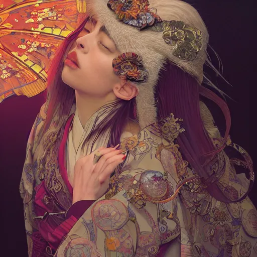 Image similar to a photorealistic dramatic fantasy render of a beautiful woman billie eilish wearing a beautiful intricately detailed japanese kitsune mask and clasical japanese kimono by wlop, artgerm, greg rutkowski, alphonse mucha, epic, beautiful dynamic dramatic dark moody lighting, shadows, cinematic atmosphere, artstation, concept design art, octane render, 8 k