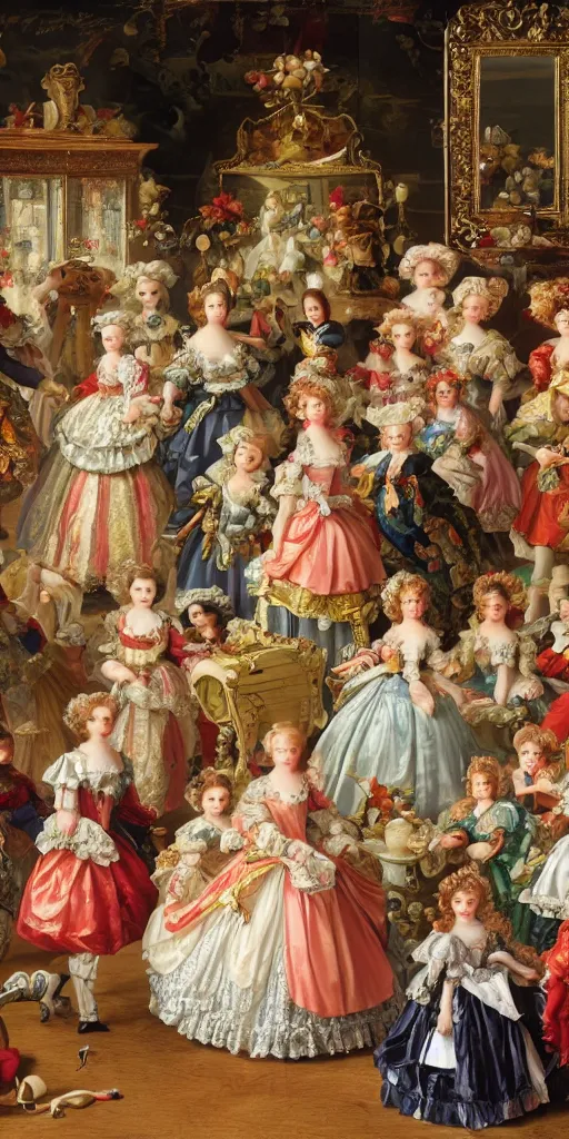 Image similar to Women in baroque dresses, standing in the middle of the room full of toys