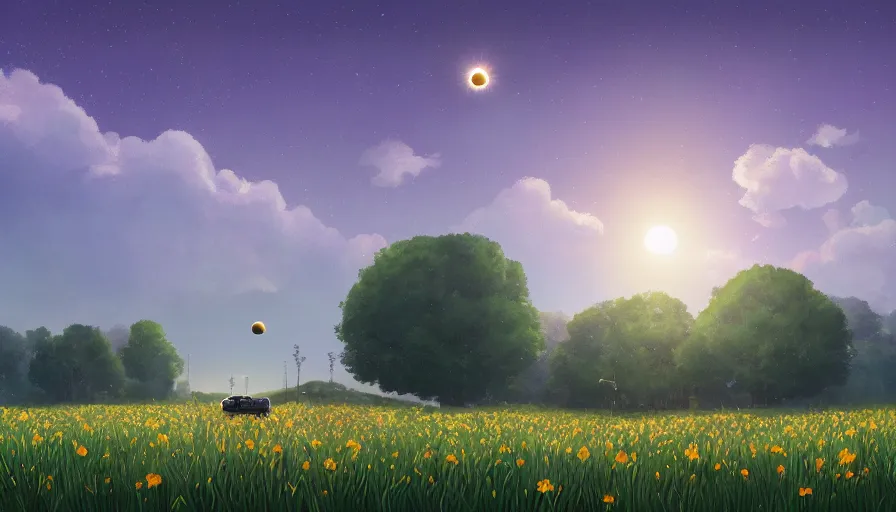 Prompt: solar eclipse in the sky, field with grass and flowers, clouds, big tree, matte painting, art station, blue sky, simon stalenhag