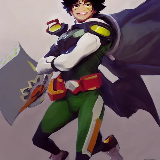 Image similar to greg manchess portrait painting of izuku midoriya as overwatch character, medium shot, asymmetrical, profile picture, organic painting, sunny day, matte painting, bold shapes, hard edges, street art, trending on artstation, by huang guangjian and gil elvgren and sachin teng