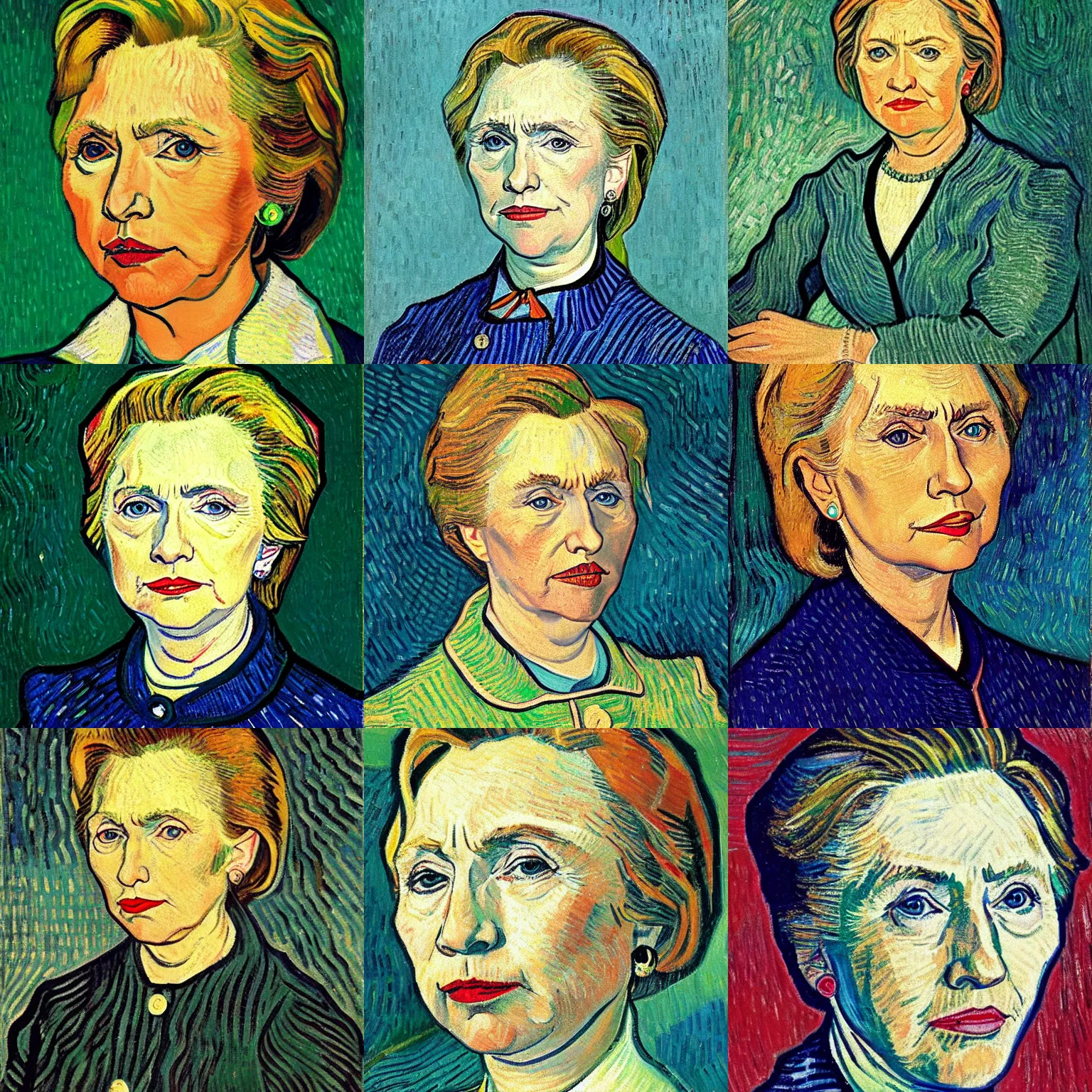 Prompt: detailed portrait of hillary clinton, painted by vincent van gogh, thick lines, oil on canvas, 1 8 8 9.