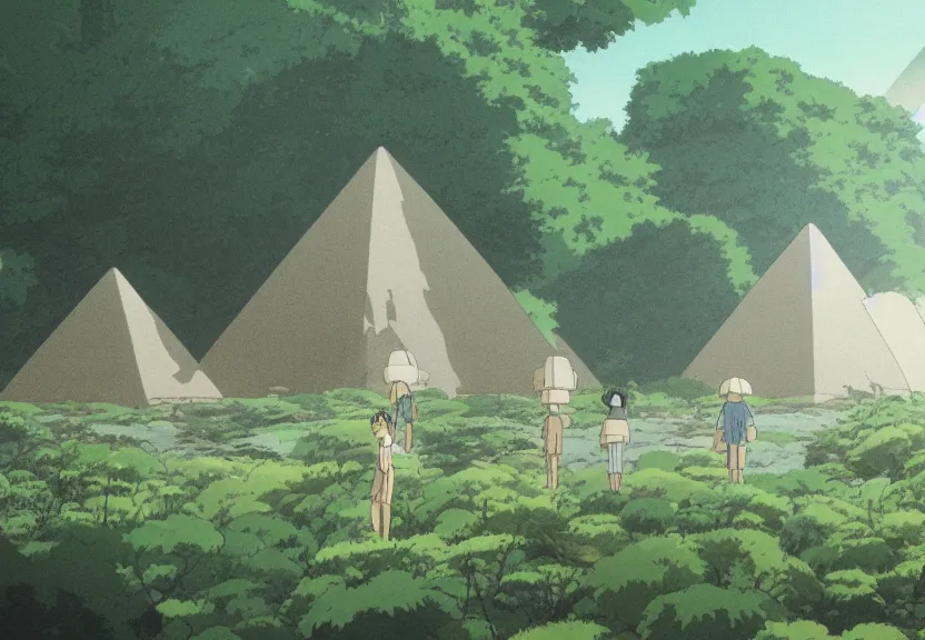 Image similar to a movie still from a studio ghibli film showing several large white pyramids in a swampy jungle. by studio ghibli