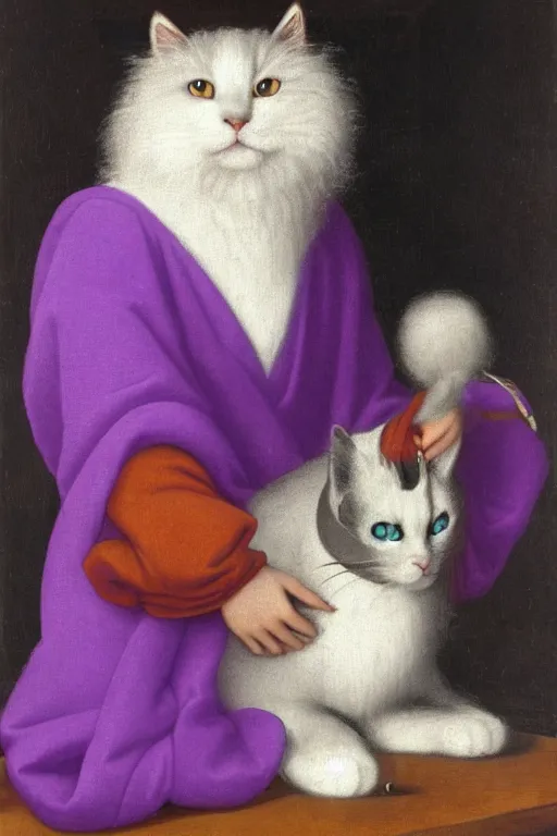 Image similar to a youthful fool in purple robes and a purple jester hat, holding a cute fluffy white cat, listening to records on a turntable, oil on canvas, by ambrosius benson