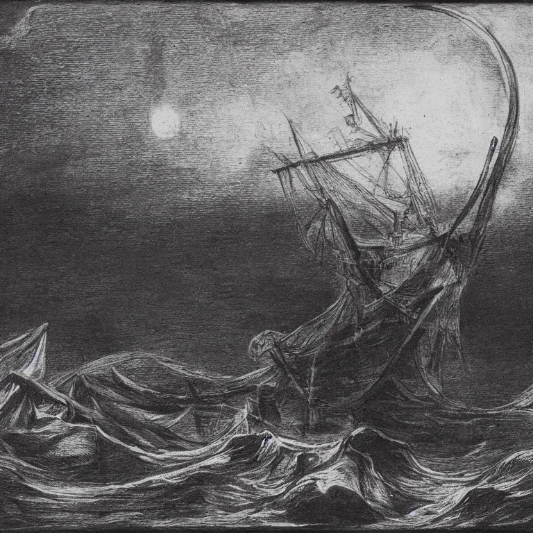 Prompt: the ship of theseus wrecked upon the night's plutonian shore, charcoal masterpiece by Edgar Allan Poe