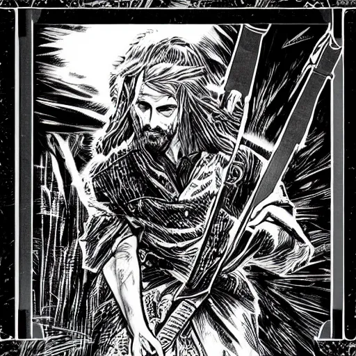 Image similar to pen and ink!!!! attractive 22 year old deus ex Frank Zappa x Ryan Gosling golden!!!! Vagabond!!!! magic swordsman!!!! glides through a beautiful battlefield magic the gathering dramatic esoteric!!!!!! pen and ink!!!!! illustrated in high detail!!!!!!!! by Hiroya Oku!!!!!!!!! Written by Wes Anderson graphic novel published on shonen jump MTG!!! 2049 award winning!!!! full body portrait!!!!! action exposition manga panel