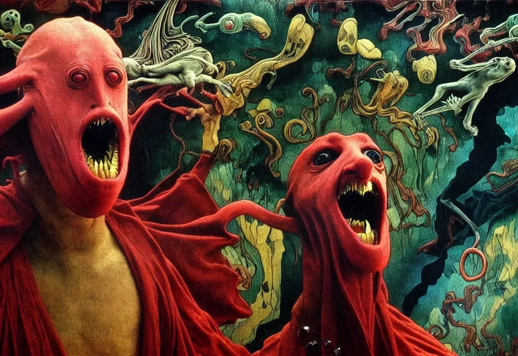 Prompt: realistic detailed portrait movie shot of a screaming birdman wearing black robes, sci fi landscape background by denis villeneuve, amano, yves tanguy, alphonse mucha, max ernst, ernst haeckel, roger dean, masterpiece, rich moody colours, snarling dog teeth