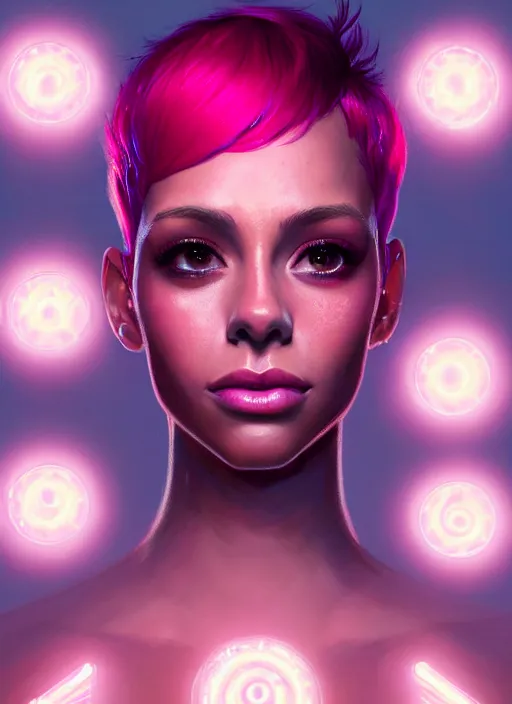 Prompt: portrait of vanessa morgan with bright pink hair, curly pixie cut hair, intricate, elegant, glowing lights, highly detailed, digital painting, artstation, concept art, smooth, sharp focus, illustration, art by wlop, mars ravelo and greg rutkowski