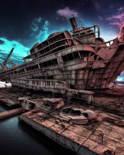 Image similar to a beautiful hyperdetailed render of shipwreck industrial architecture urbex by gordon bunshaft, at night synthwave tundra thermal vision nightsky galactic evil wilderness lake alien sci - fi futuristic gem dramatic lightning retrowave, archdaily, wallpaper, highly detailed, trending on artstation.