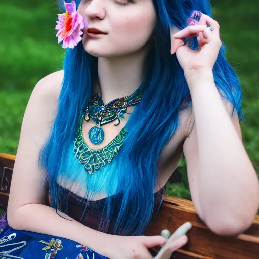 Image similar to dslr photo of a pretty young woman, full bodied portrait, with blue hair, sitting on a bench wearing a flower skirt, and body and wearing hemp sandals and a very detailed faerie necklace around neck, very high quality face, intricate details, extremely high quality, moody lighting, real camera, real photo 8 k, full subject in shot