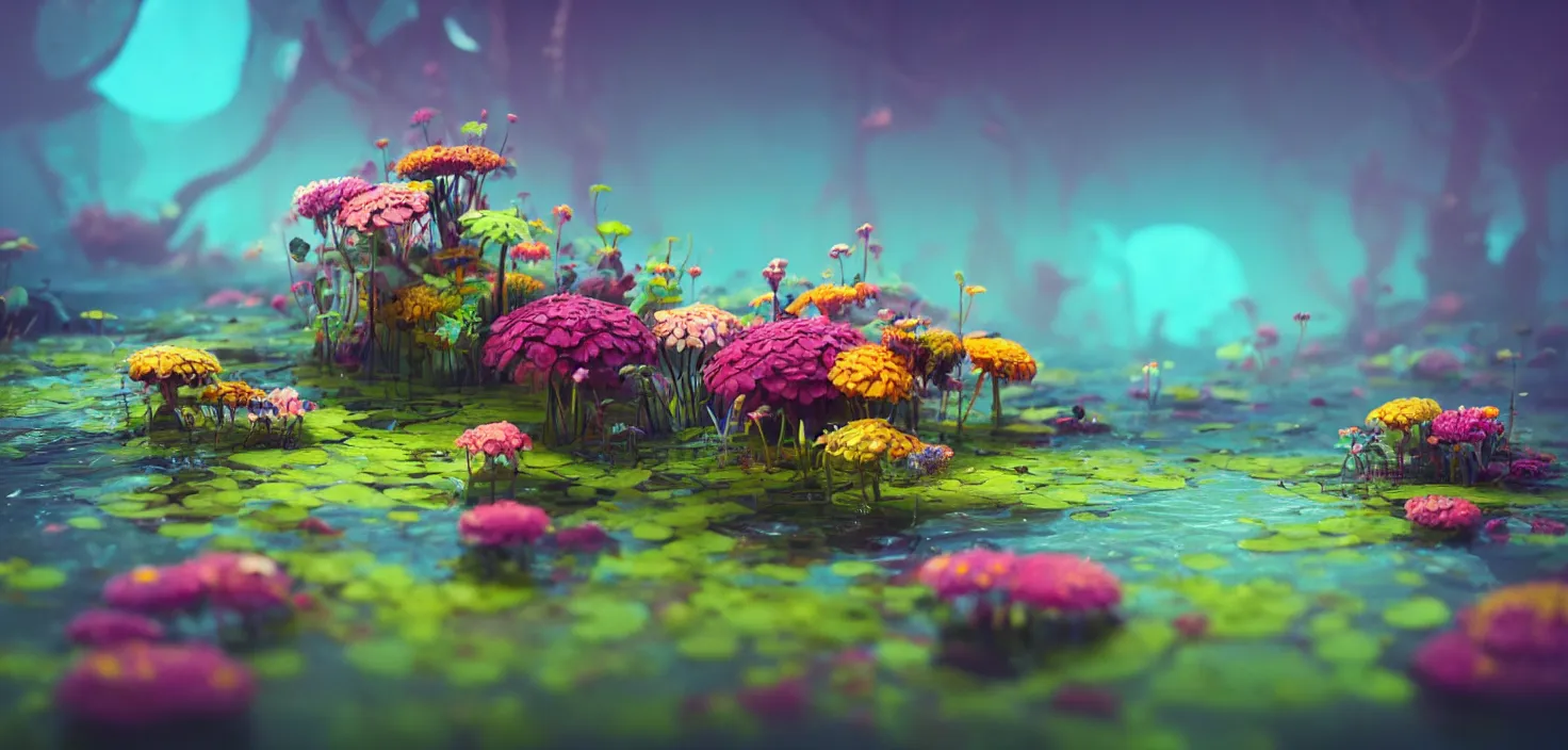 Prompt: colourful murky nature with the flowers in water, in the style of craola, shallow depth of field, highly detailed, digital painting, trending artstation, concept art, illustration, cinematic lighting, vibrant colors, photorealism, epic, octane render
