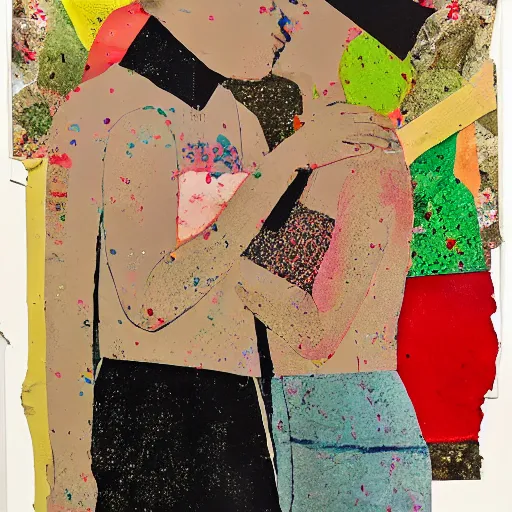 Image similar to two women kissing at a carnival in winter, mixed media collage, retro, paper collage, magazine collage, acrylic paint splatters, bauhaus, claymation, layered paper art, sapphic visual poetry expressing the utmost of desires by jackson pollock