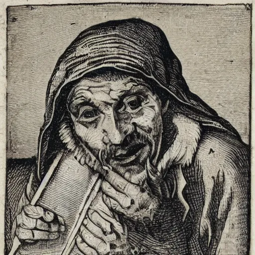 Image similar to A 17th Century beggar, with the letter B carved on his forehead, filthy, haggard, no teeth, dirty hair, woodcut, Breughel