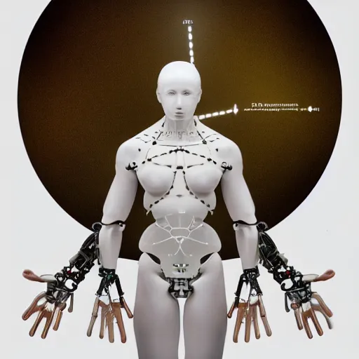 Image similar to beautiful centered fine art photo portrait of vitruvian man as a solarpunk robotic humanoid, white mechanical parts with led lights, bouguereau style pose, photorealistic, white background, highly detailed and intricate, soft box lighting, hdr 8 k