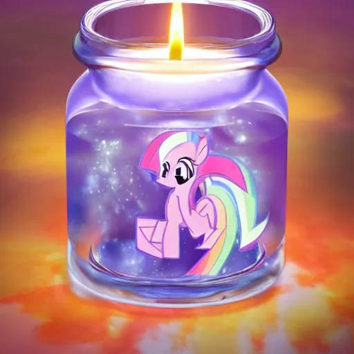 Image similar to candle made of my little pony figure in a jar with a candle wick covered in an off white wax digital art, cosmic, 3 d high definition, trending on artstation, photorealistic, high resolution, vray, 8 k, octane, trending on, hdr, hyper detailed, insane details, intricate, elite, ornate, elegant, unreal engine