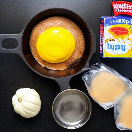 Prompt: Recipe photo To warm up a kinder surprise, you can cover the pumpkin with soufflé foil, for example, the one that Aunt Fritz once adored. A sleeping bag with a capacity of 1 liter has a good density, we will use it. It's good to beat the pan. Put into meat. An hour before cooking, bubble foam will appear along the entire pan, photorealistic