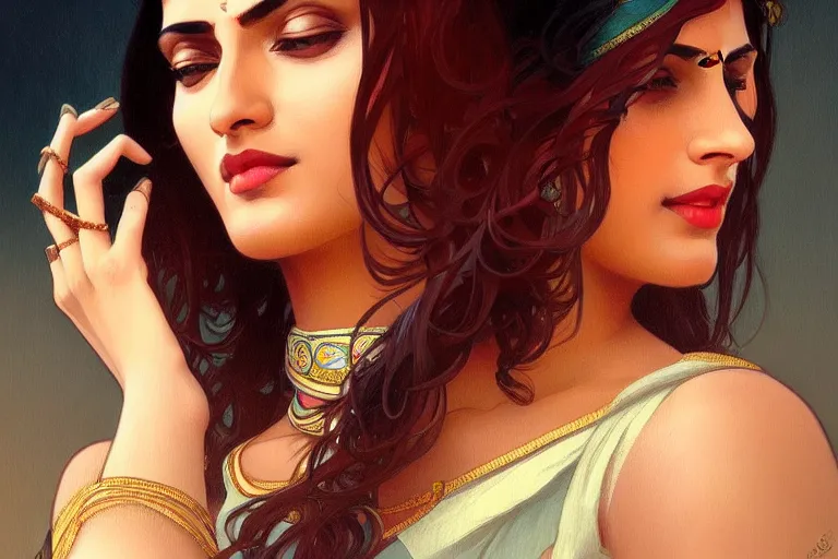 Image similar to sensual pale beautiful indian doctor in jeans, art deco portrait, elegant, intricate, digital painting, artstation, concept art, smooth, sharp focus, illustration, art by artgerm and greg rutkowski and alphonse mucha