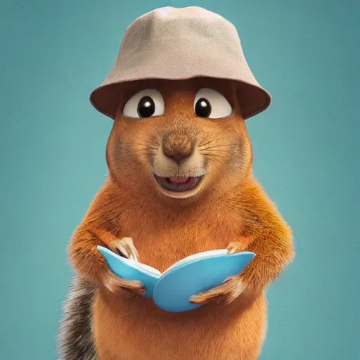 Image similar to a squirrel wearing a bucket hat. pixar.