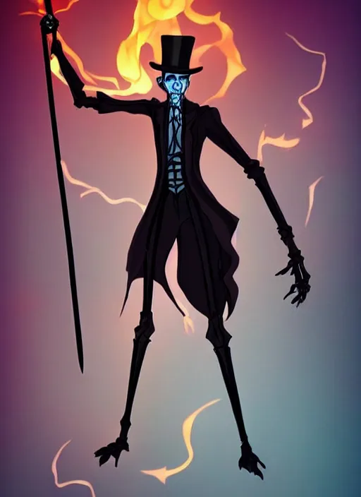 Image similar to DND character concept, Tall skeletal figure, wearing a deep black suit!!! and tie and top hat, holding a golden cane. Surrounded by light blue!!! flames!!