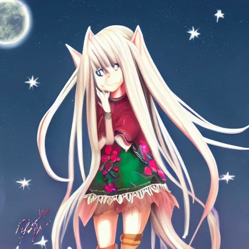 Image similar to digital painting of a long hair anime lady ELF dancing in the moonlight l Trending on Pixiv