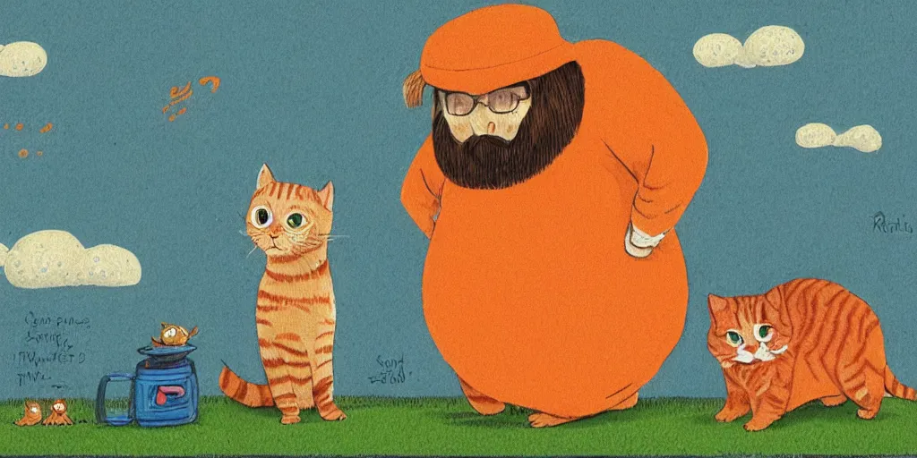Prompt: a beard man and an orange tabby kitten standing in the rain by richard scarry