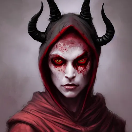 Image similar to masterpiece portrait of a clothed hooded surly and resentful female tiefling thief with red skin black sclera and horns under the hood, by Greg Rutkowski, as seen on ArtStation, 4k, dungeons and dragons, very aesthetic, very detailed, intricate, unreal, fantasy, dramatic, painterly, artstation, sharp focus, smooth