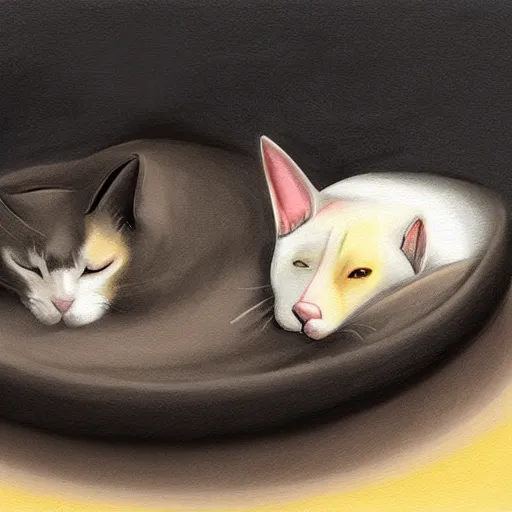 Prompt: cat and dog sleeping next to each other in a large pet bed during a stormy night, digital painting, mood lighting, dark