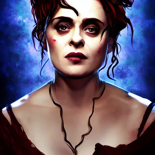 Image similar to helena bonham carter portrait, borderlands, tales from the borderlands, the wolf among us, comic, cinematic lighting, studio quality, 8 k