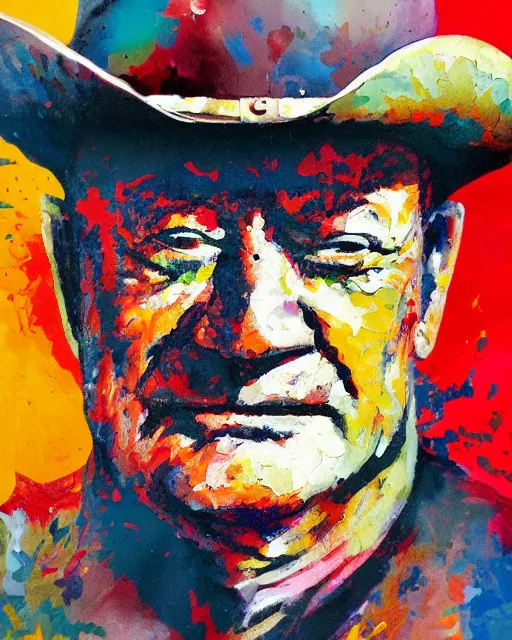 Prompt: abstracted John Wayne painted in extremely thick, glistening impasto splatter paint, in muted colors, in impressionist style of 3689002859