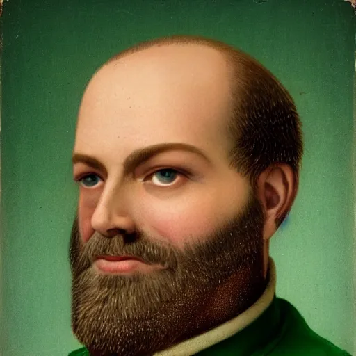 Image similar to close up of face of middle aged balding blond man with a beard and mutton chops, short wavy hair, green eyes, gilded age soldier, portrait, 4 k