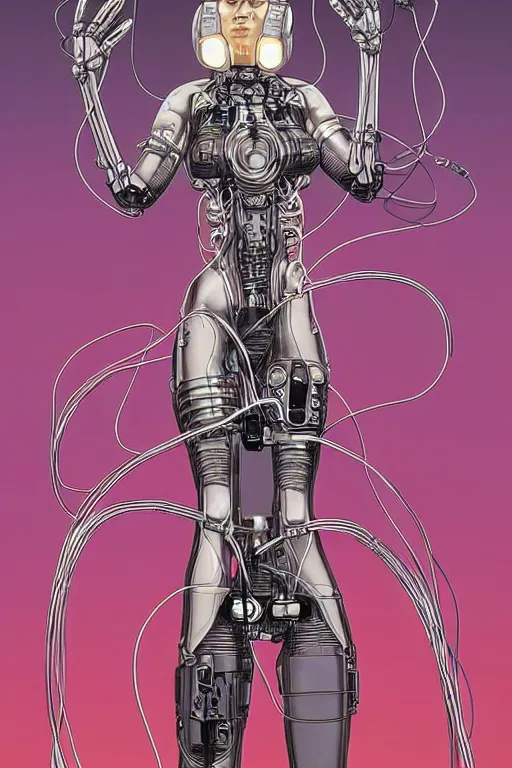 Image similar to A beautiful woman wearing a cybernetic helmet with many wires plugged into is and in her body by Moebius and Rahzzah