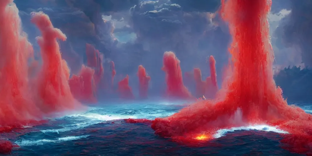 Prompt: a boiling red sea with geysers of superheated steam, extremely detailed oil painting, unreal 5 render, rhads, Bruce Pennington, Studio Ghibli, tim hildebrandt, digital art, octane render, beautiful composition, trending on artstation, award-winning photograph, masterpiece