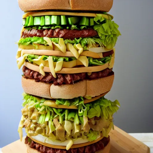 Image similar to enormously tall Dagwood-style Big Mac sandwich