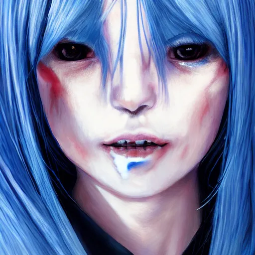 Prompt: portrait of rimuru tempest, sky blue straight hair, long bangs, with amber eyes, wearing a black jacket, high collar, ultra detailed, brush strokes, skin texture, digital painting, cinematic, wlop artstation, closeup, pixiv, eerie, scary, intimidating glare, evil, junji ito, yoshitaka amano