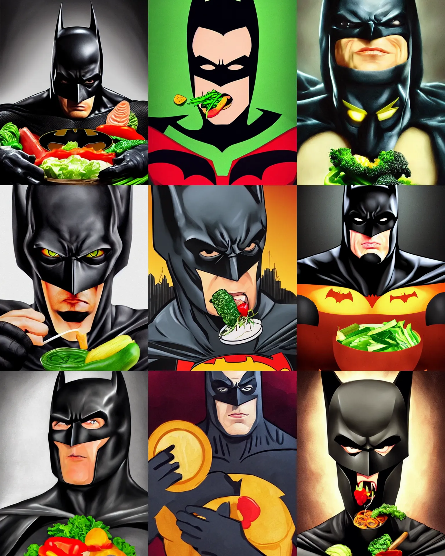 Prompt: A stunning portrait of Batman eating vegetable, masterpiece, Trending on Artstation, 8K