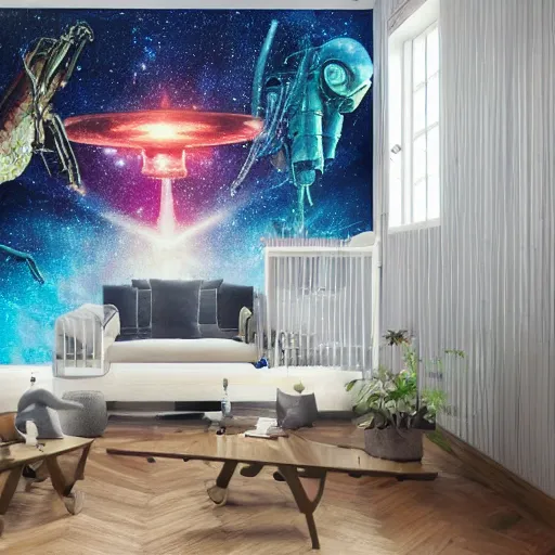 Image similar to aliens standard in an integalactic space port while viewing a large mural about humans