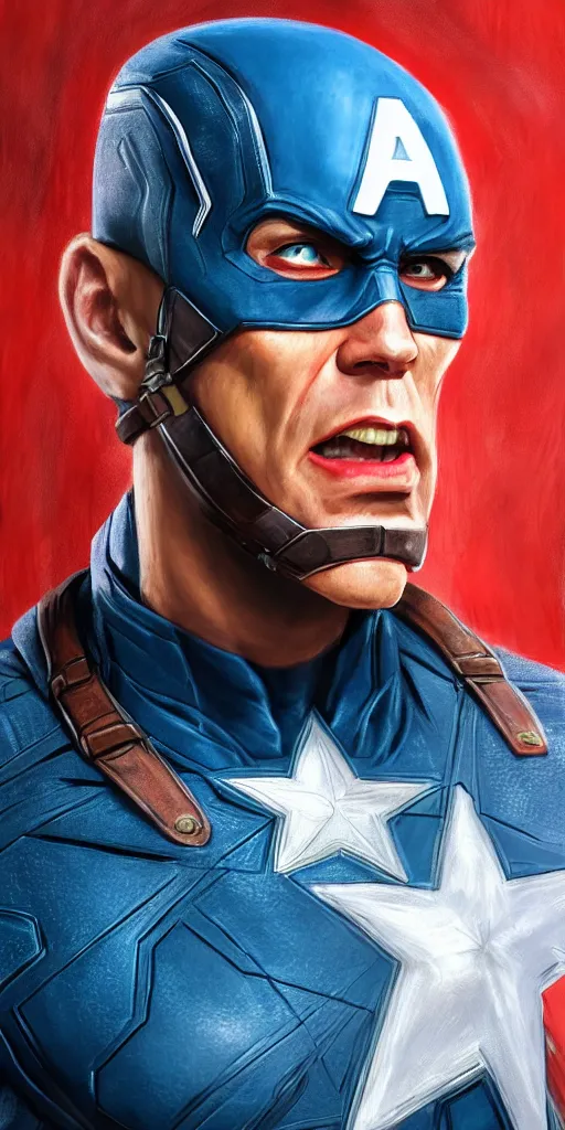 Image similar to captain america played by jim carrey, face portrait, battle shot, hd shot, fantasy art, artstation, comic style