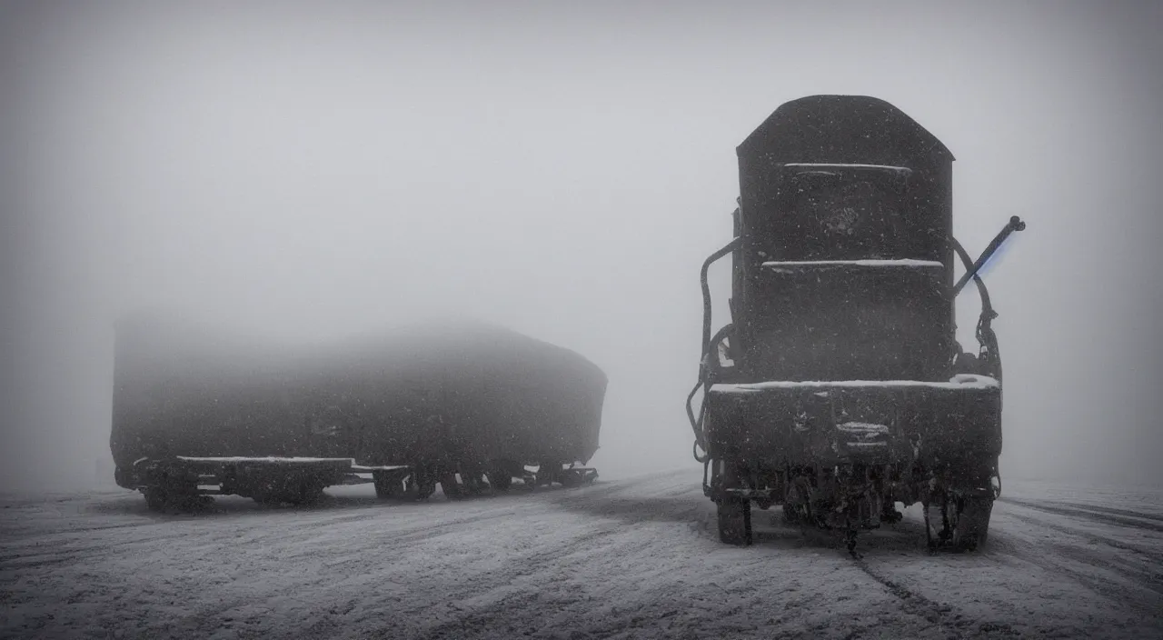 Image similar to “photo of one biomechanical mammoth/wagon in an arctic storm with fog and blizzard, the mammoth drags old gigantic coal wagons with snow, it's a sunset photo with cold tones, some people around ”