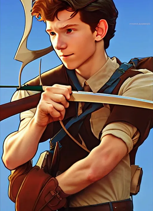 Image similar to cute archer tom holland, natural lighting, path traced, highly detailed, high quality, digital painting, by don bluth and ross tran and studio ghibli and alphonse mucha, artgerm