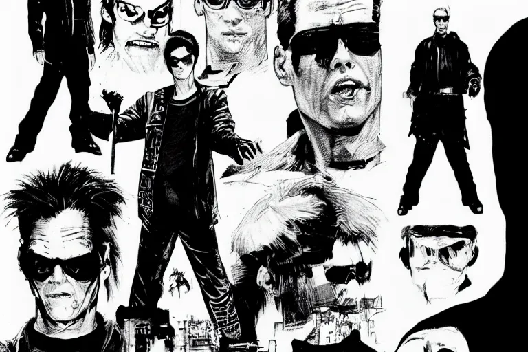 Image similar to jim carrey in the matrix, a page from cyberpunk 2 0 2 0, style of paolo parente, style of mike jackson, adam smasher, johnny silverhand, 1 9 9 0 s comic book style, white background, ink drawing, black and white