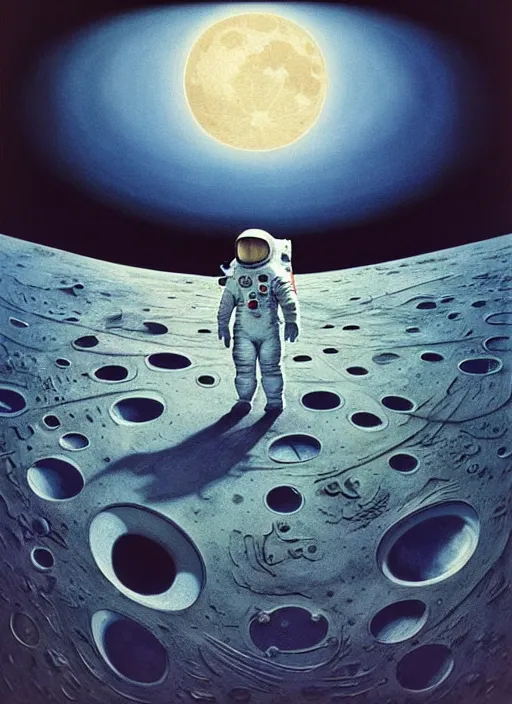 Prompt: Fish eye lens digital photograph of the first man on the moon, moon landing, by Jacek Yerka, Mariusz Lewandowski, Houdini algorithmic generative render, Abstract brush strokes, Masterpiece, Edward Hopper and James Gilleard, Zdzislaw Beksinski, Mark Ryden, Wolfgang Lettl, hints of Yayoi Kasuma, octane render, 8k