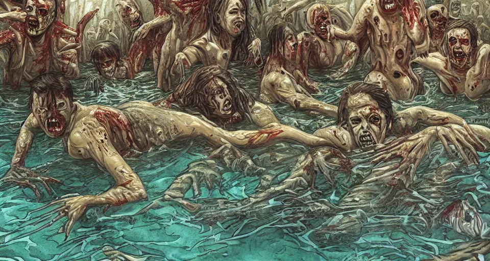 Image similar to highly detailed full body portrait of a zombie swimming underwater in a zombie - apocalypse, in a swimming pool, style tony moore walking dead