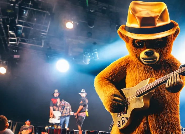Image similar to photo still of smokey the bear on stage at vans warped tour!!!!!!!! at age 3 3 years old 3 3 years of age!!!!!!!! putting out a fire, 8 k, 8 5 mm f 1. 8, studio lighting, rim light, right side key light