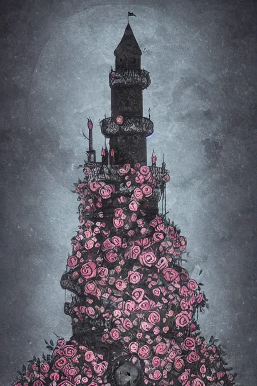 Prompt: elegant fairytale tower covered in roses, full body portrait of medieval princess, cottagecore, nostalgia of a fairytale, Exquisite, dramatic lighting, black paper, muted colors and gradients