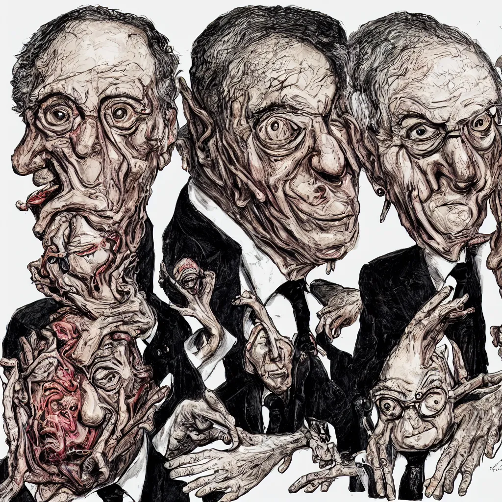 Image similar to Jacob Rothschild and george soros by Ralph Steadman, illustration, body horror, biopunk, 8k , trending on artstation