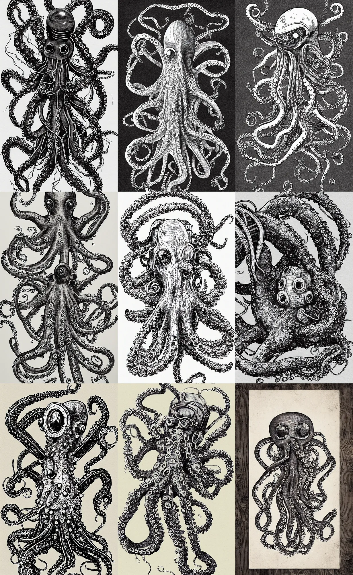 Prompt: dying robotic octopus, hand drawn illustration, antique vintage style art, highly detailed