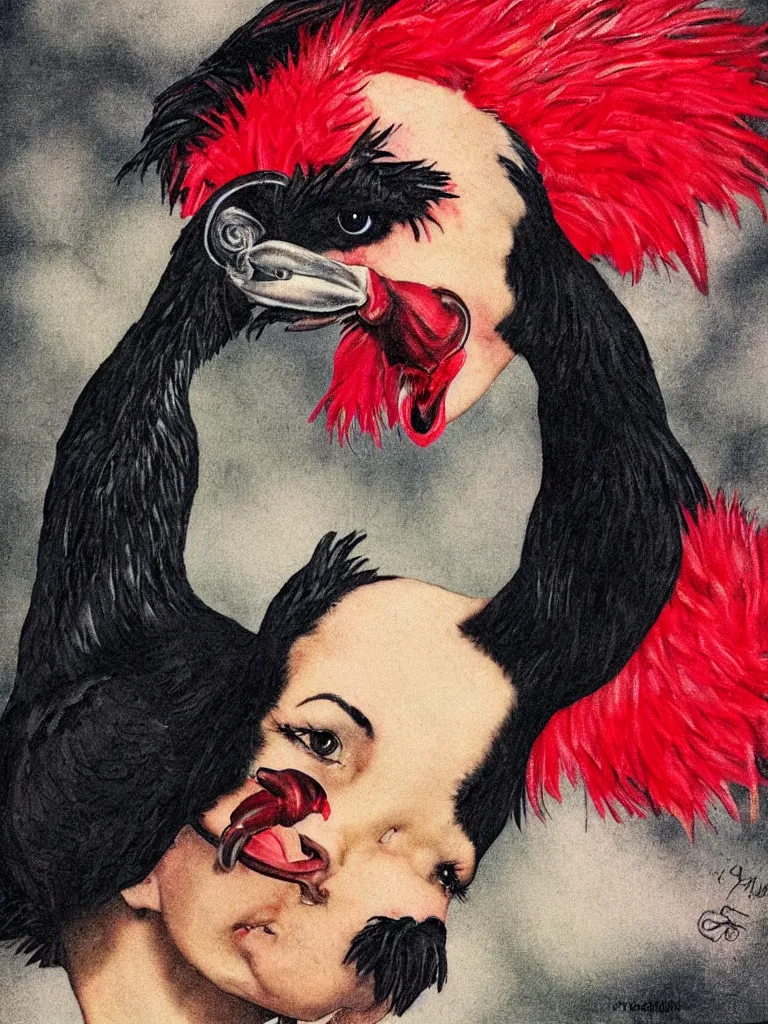 Image similar to close up portrait of a cute Black Chicken with a red comb, smoking, cybercannabis vibes, style of tattoo by Norman Rockwell