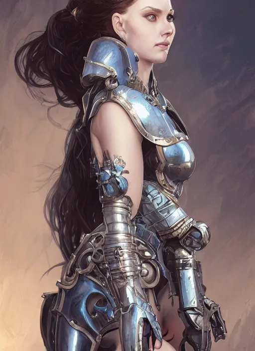 Image similar to portrait of beautiful pale gothic maiden in armor bikini, warhammer 40000, cyberpunk, intricate, elegant, highly detailed, digital painting, artstation, concept art, smooth, sharp focus, illustration, art by artgerm and greg rutkowski and alphonse mucha and Gustav Klimt