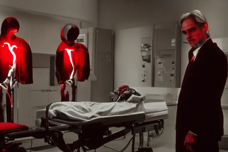 Image similar to a scene from the movie dead ringers with jeremy irons, dark cinematic lighting, heavy black and red color contrast, medical equipment
